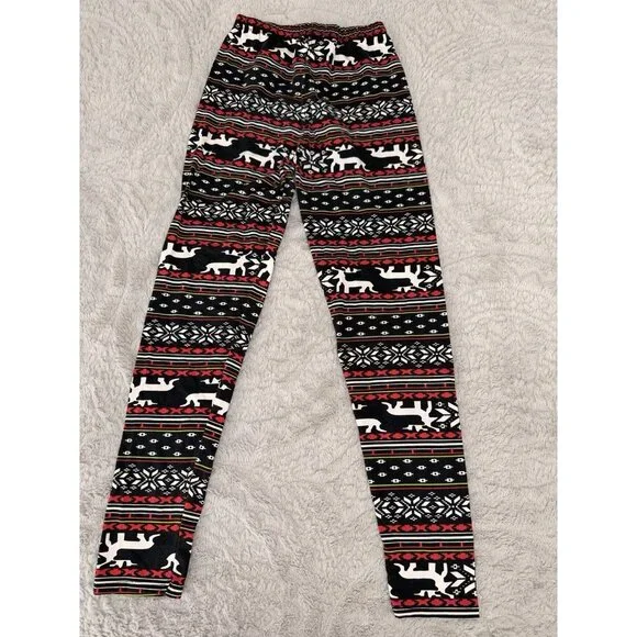 One Size Juniors Christmas Reindeer Fair Isle Leggings Black Red Snowflake - Picture 5 of 5